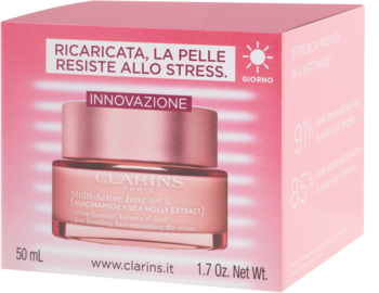 Różowe pudełko kremu Clarins Multi-Active SPF 15. Widoczny słoiczek i hasło "Ricaricata, la pelle resiste".