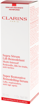 Clarins Super Restorative Remodelling Serum, białe pudełko z czerwonymi napisami, widok z przodu.