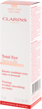 Clarins Total Eye Smooth, ujędrniający balsam pod oczy, białe opakowanie, widok z przodu.