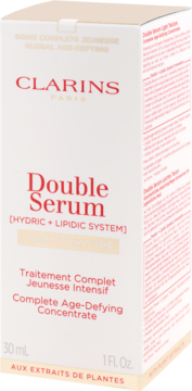 Clarins Double Serum Light Texture, białe opakowanie 30ml, koncentrat przeciwstarzeniowy, widok pod lekkim kątem.