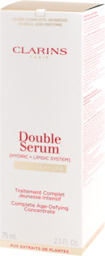 Białe pudełko Clarins Double Serum Light Texture 75ml, lekkie serum przeciwstarzeniowe do twarzy, widok z przodu.