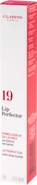 Biało-czerwone pudełko Clarins Lip Perfector 19 Intense Smoky Rose z masłem shea, widok z przodu, pionowe.