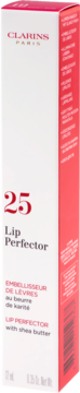 Biało-czerwone opakowanie Clarins Lip Perfector 25 z masłem shea, widoczne z przodu, napis Clarins i numer 25.