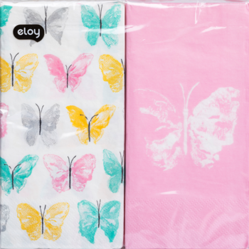 Dwa pakiety dekoracyjnych serwetek papierowych Eloy z motylami, widok z góry. Biały w wielokolorowe, różowy z białym.