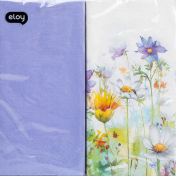 Dwie paczki dekoracyjnych serwetek papierowych: Eloy lawendowe i z kolorowymi stokrotkami, widok z przodu.