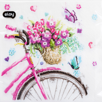 Serwetka papierowa dekoracyjna eloy, biała, z grafiką różowego roweru, bukietu kwiatów i motyli, widok z przodu.