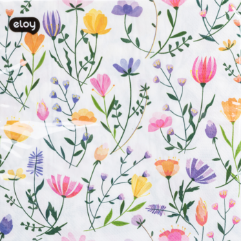Serwetka papierowa dekoracyjna Eloy, biała, z drobnym wzorem w kolorowe, polne kwiaty i zielone listki.