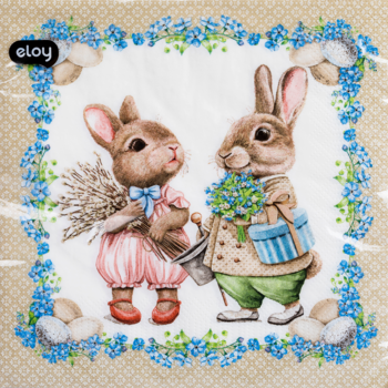 Serwetka papierowa dekoracyjna: urocze zajączki z kwiatami i pszenicą, otoczone niebieskimi niezapominajkami.
