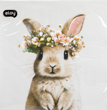 Serwetka papierowa dekoracyjna: uroczy brązowy królik w wiosennym wianku z kwiatów, na białym tle.