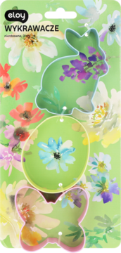 Zestaw zielonych wykrawaczy Eloy: królik, jajko, motyl z kwiatowymi wzorami, na kartonowym tle w kwiaty.
