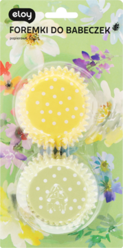 Dwie papierowe foremki do babeczek Eloy: żółta i zielona w białe kropki, w przezroczystym blistrze, na kwiecistym tle.