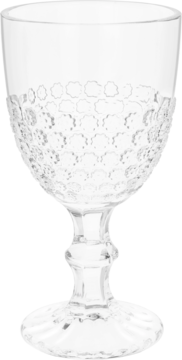 Przezroczysty szklany kielich z ozdobnym, wytłaczanym wzorem na czaszy i nóżce, widok z przodu.