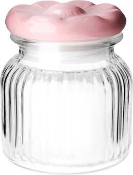 Pojemnik na sól/cukier: ryflowany szklany słoik z różową, kwiatową pokrywką, wypełniony białym proszkiem.