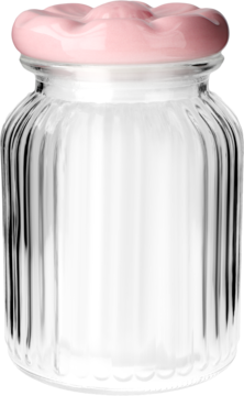 Szklany pojemnik z ryflowaną fakturą i jasnoróżową pokrywką w kształcie kwiatu, widok z przodu.