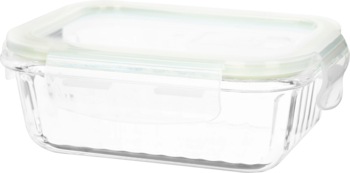 Pusty szklany pojemnik prostokątny z przezroczystą pokrywką i zielonym uszczelnieniem, widok z góry pod kątem.