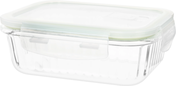 Prostokątny szklany pojemnik na żywność, przezroczysty, z białą pokrywką na zatrzaski i lekko zieloną uszczelką.