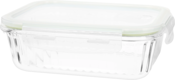 Prostokątny szklany pojemnik na żywność z białym, szczelnym wieczkiem, widok z przodu.