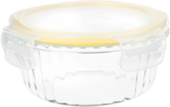 Szklany pojemnik na żywność z żółtą uszczelką i przezroczystymi zatrzaskami, widok z góry pod kątem.