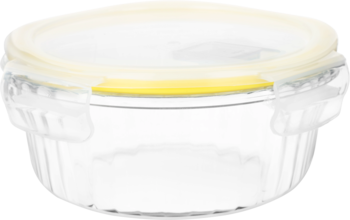 Przezroczysty, okrągły szklany pojemnik na żywność z żebrowanym dnem, żółtą pokrywką i zatrzaskami, widok z przodu.