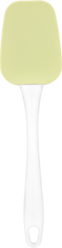 Pale green silicone kitchen spatula with a white handle and hanging hole, viewed vertically on a black background.