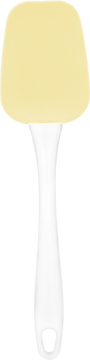 Żółta szpatułka silikonowa z białym, wyprofilowanym uchwytem i pętelką do zawieszania, na czarnym tle.