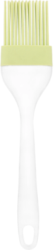 Silikonowy pędzel kuchenny z jasnozieloną główką i białym uchwytem, widok z przodu, uchwyt z otworem.