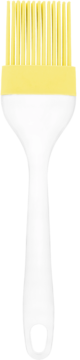 Biały pędzel kuchenny silikonowy z żółtą główką i otworem do zawieszenia, widok z przodu.