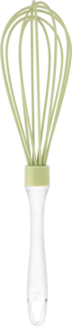 Zielona silikonowa trzepaczka kuchenna z białą rączką, widok z przodu, idealna do ubijania i mieszania.