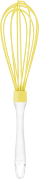 Nowoczesna żółta trzepaczka kuchenna z białym ergonomicznym uchwytem i pętelką, widok z przodu.