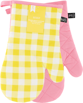 Zestaw 2 rękawic kuchennych: żółto-biała w kratę gingham i różowa pikowana łapka. Widok z przodu.