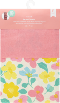 Zestaw 2 bawełnianych fartuchów kuchennych: różowy i kremowy w kwiaty, w opakowaniu detalicznym, widok z przodu.