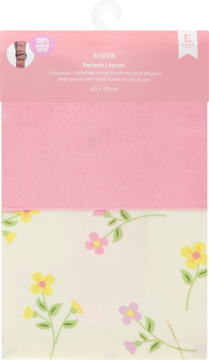 Różowy bawełniany fartuch dziecięcy 100% bawełna, z kremowym dołem w żółto-różowe kwiaty, w folii.