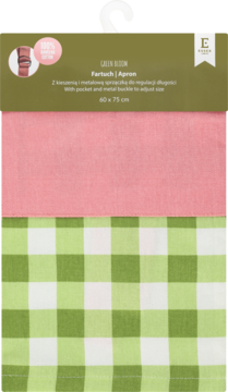 Zapakowany fartuch LILEN BLOOM: różowy góra, dół zielono-biała krata, 100% bawełna, 60x75 cm, kieszeń, klamra.