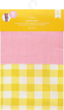 Fartuch kuchenny 100% bawełna, różowy i w żółto-białą kratę, złożony w przeźroczystym opakowaniu.