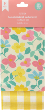 Zestaw bawełnianych ścierek kuchennych. Górna w kwiaty różowe, żółte i niebieskie, dolna w żółto-białą kratę. Opakowanie.
