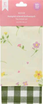 Komplet ścierek kuchennych Green Bloom Essex: kremowa w kwiaty i zielona w kratę, 100% bawełna, w opakowaniu.