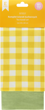 Zestaw ściereczek kuchennych, opakowanie z widoczną żółto-białą kratą gingham i zieloną ściereczką waflową.