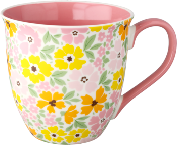 Kubek ceramiczny z różową rączką i wnętrzem, biały z kolorowym kwiatowym wzorem (żółty, różowy, zielony), widok z boku.