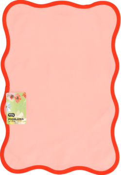 Różowa podkładka chłodząca z falistym czerwonym brzegiem, widok z przodu. Etykieta z napisem Podkładka i kwiatami.