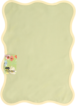 Jasnozielona podkładka niemowlęca z dekoracyjnym, falistym brzegiem, widok z góry. Etykieta z kwiatami.