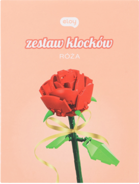 Eloy klocki róża, brzoskwiniowe pudełko z czerwoną różą z klocków i zielonymi liśćmi, front.