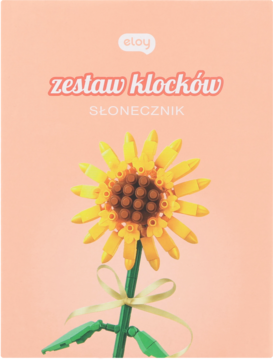Frontowe opakowanie Eloy klocki kwiat, zestaw Słonecznik, z modelem żółtego kwiatu na przodzie.