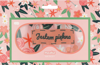 Front Eloy opaski na oczy, różowa, z napisem 'Jestem piękna', w ozdobnym różowo-kwiatowym opakowaniu.