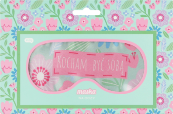 Eloy Opaska na oczy w ozdobnym miętowym opakowaniu z kwiatami, z napisem 'KOCHAM BYC SOBA', widok z przodu.