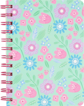 Eloy planner wzór 1: Spiralny notes z miętową okładką w kwiaty różowo-niebieskie, widok z przodu.