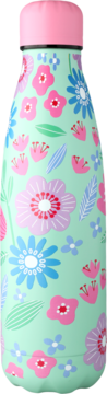 Eloy butelka termiczna 500ml, wzór 1: miętowa butelka z różowym wieczkiem i barwnym kwiatowym wzorem.