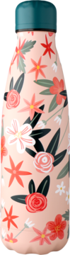Eloy butelka termiczna 500ml z kwiatowym wzorem na brzoskwiniowym tle, z turkusową zakrętką. Widok z przodu.