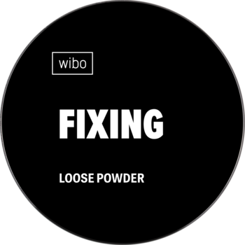 Czarny, okrągły Wibo Fixing Loose Powder, białe napisy, widok z przodu. Sypki utrwalacz makijażu.