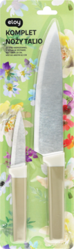 Eloy komplet noży Talio: duży i mały nóż z beżowymi rączkami w blistrze, zielone tło kwiatowe.