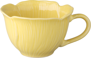 Żółta ceramiczna filiżanka w kształcie tulipana z rzeźbionymi płatkami i uchwytem, widok z boku.